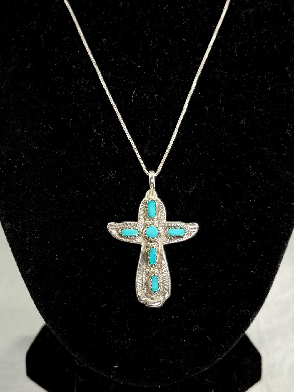CECILIA IULE Zuni Sterling Silver Bezel Turquoise Angel Cross Pendant Necklace